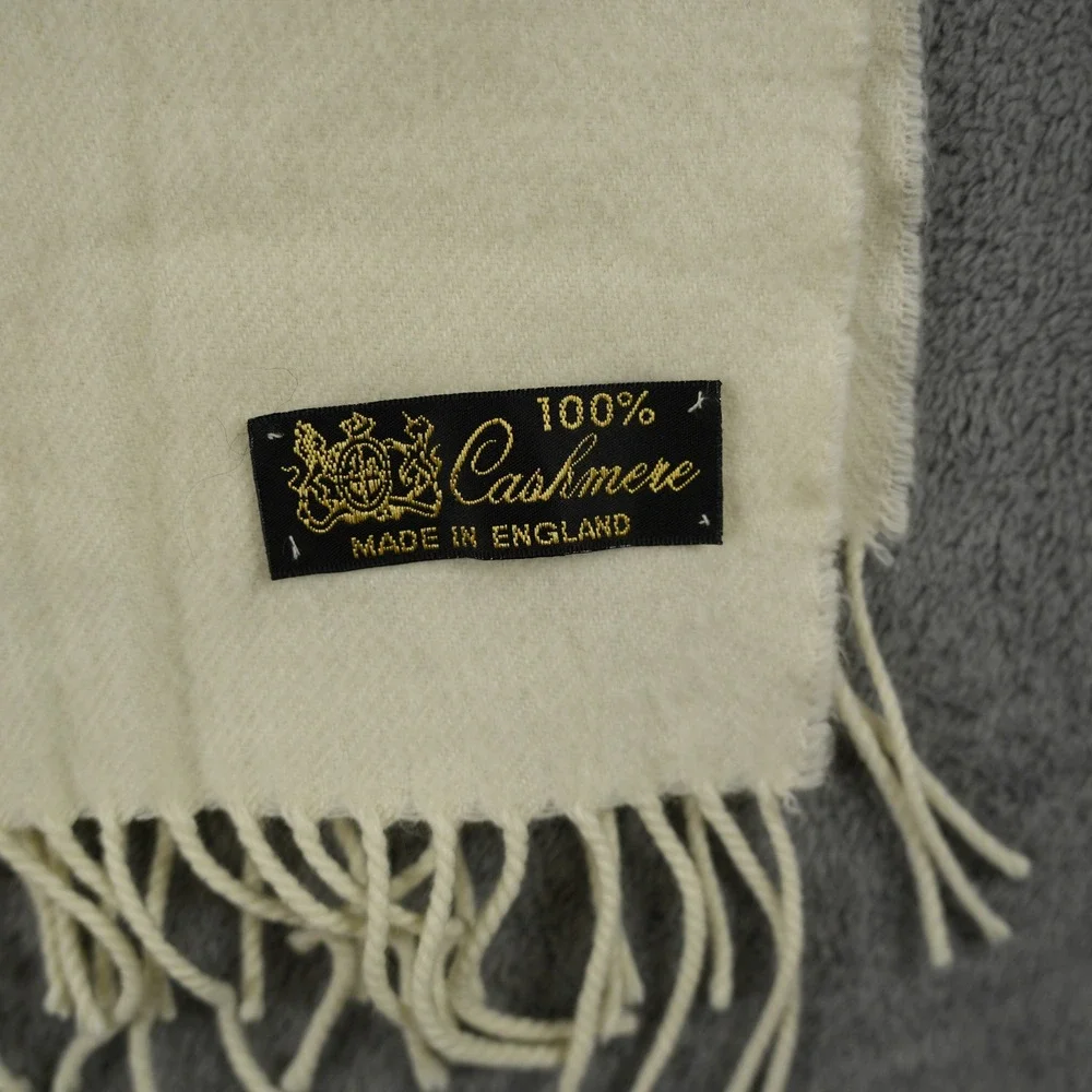 100% Cashmere Scarf Made in‎ England Cream Off White Ivory Fringed Old Money
